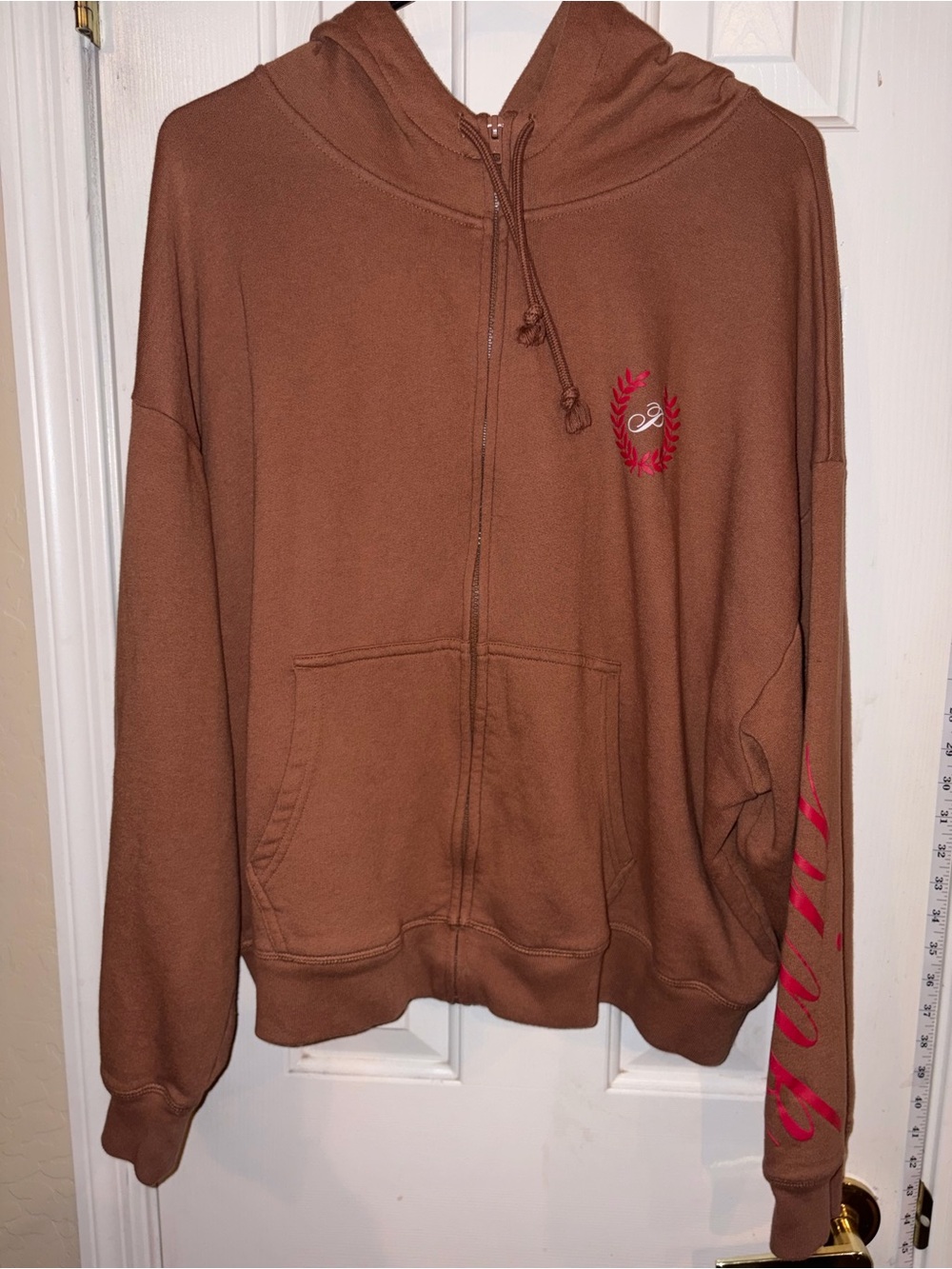 Victoria’s Secret PINK Oversized Hoodie Jogger Set Brown Red Logo XL/L - Picture 14 of 16